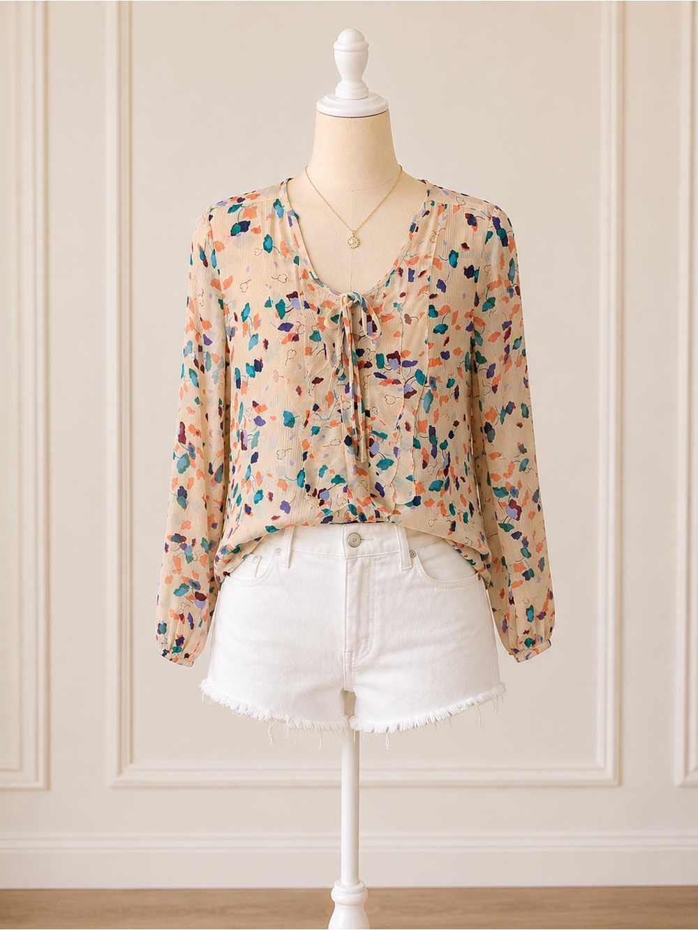 a.n.a Cream Tie-Neck Blouse with Multicolor Dot Print